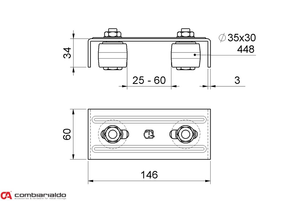 Platňa, 2 vodiace nylon. kolieska 35x30mm