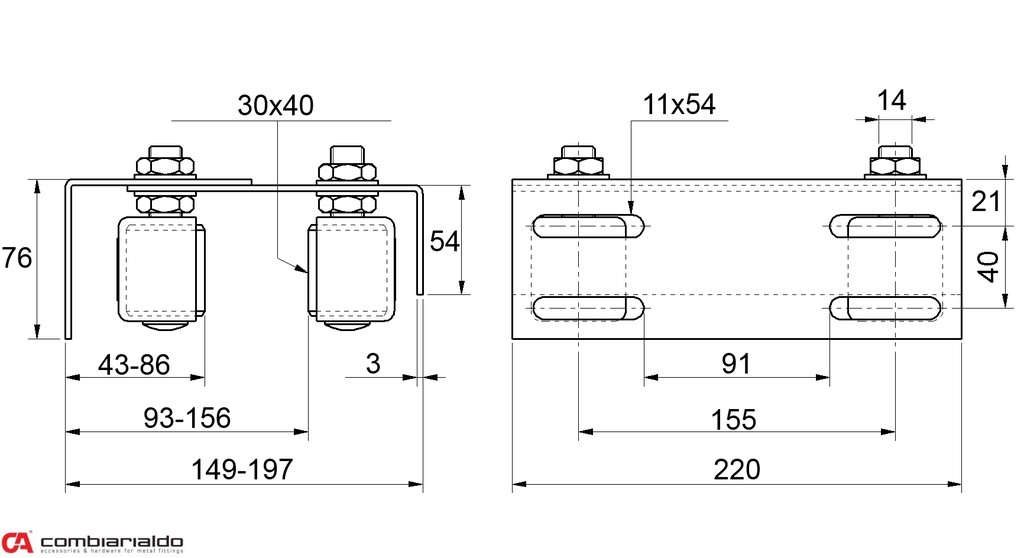 Platňa so 4 vodiacimi kolieskami (30x40mm / M14)