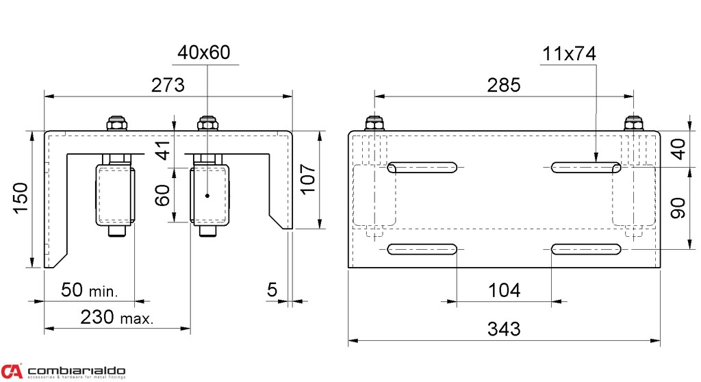Horné vedenie brány, 4 nylon. kolieska 40x60mm s ochranným krytom
