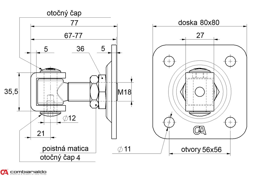 Záves nastaviteľný s kontramaticou, platňa 80x80mm (závit: M18)