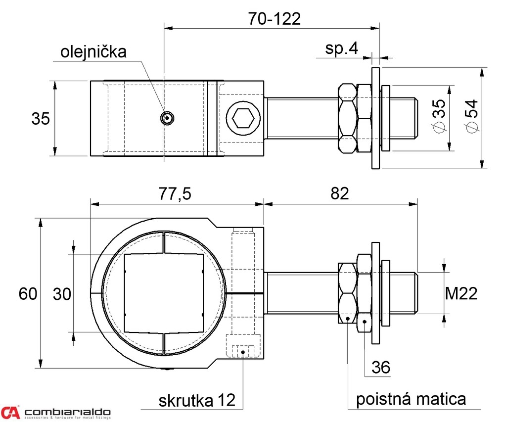 Záves nastaviteľný M22 na upnutie štvorhranu 30x30mm