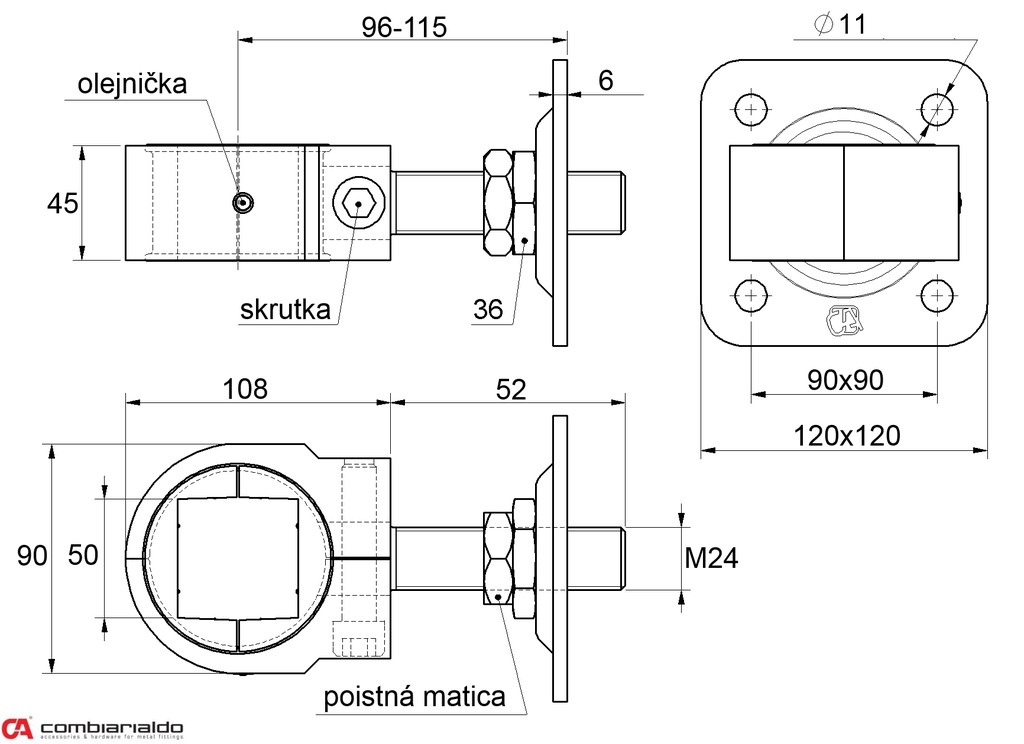 Záves nastaviteľný M22 na upnutie štvorhranu 50x50mm, platňa 120x120mm