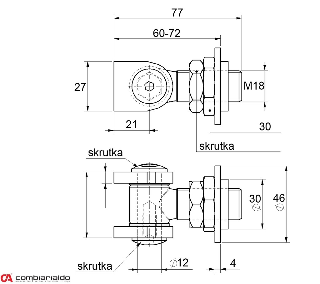 Záves nastaviteľný s maticou (závit M18)