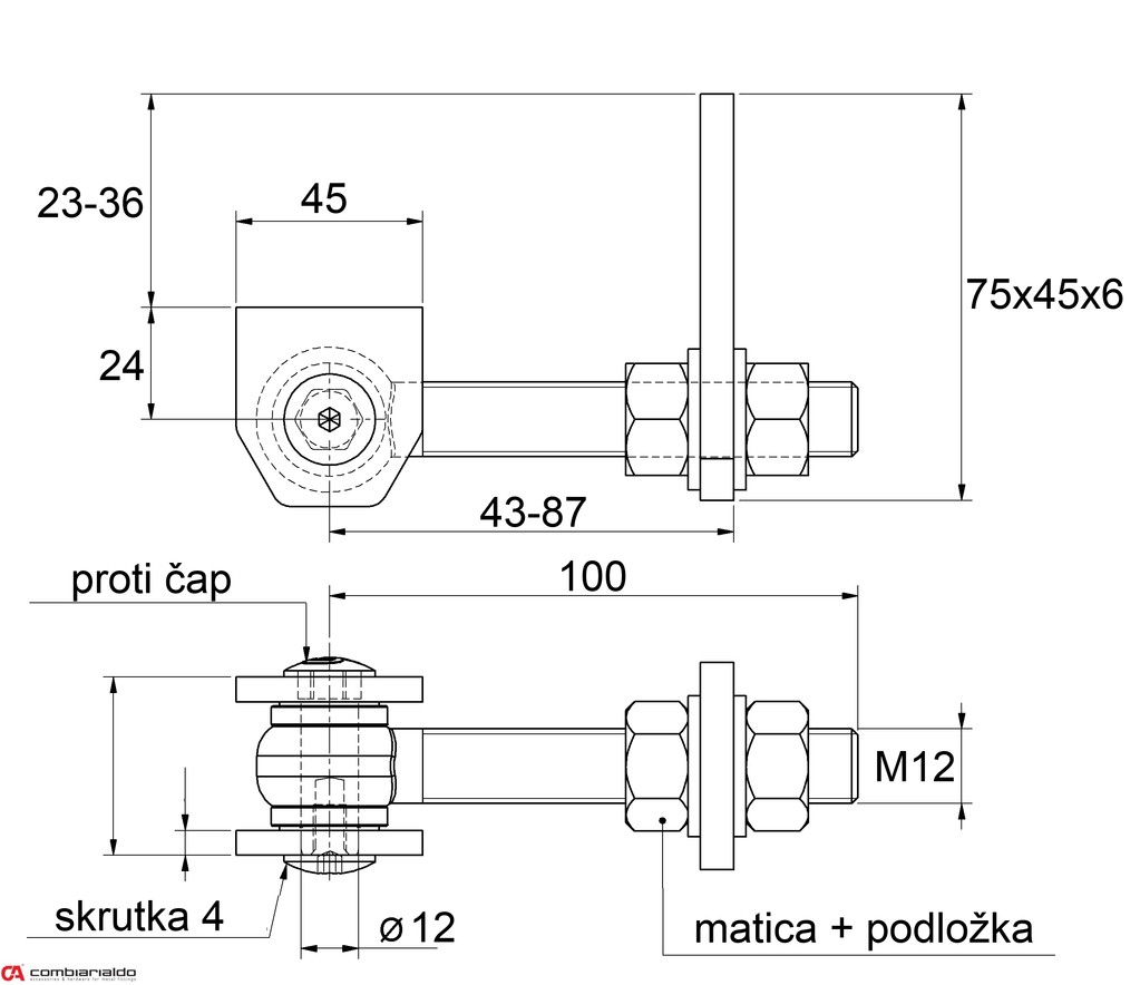 Záves nastaviteľný M12 s kotviacou platňou, otváranie 180°