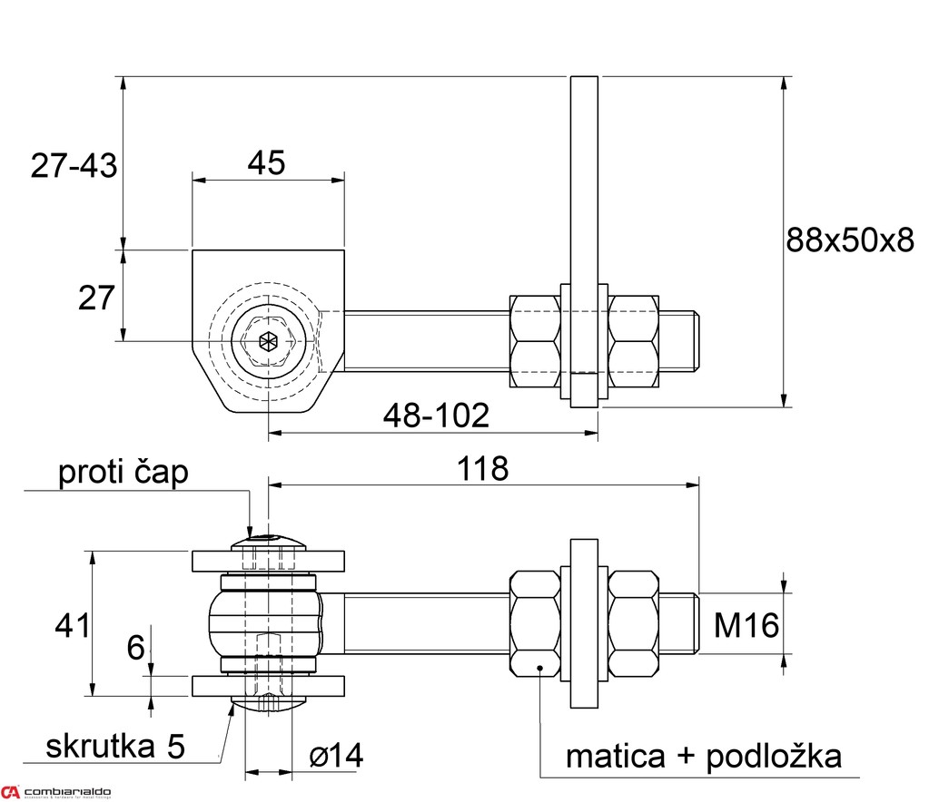 Záves nastaviteľný M16 s kotviacou platňou, otváranie 180°
