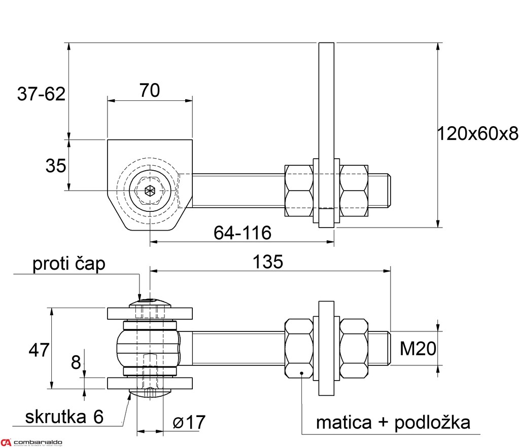 Záves nastaviteľný M20 s kotviacou platňou, otváranie 180°