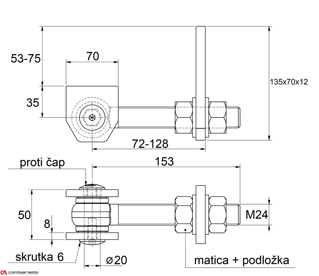 Záves nastaviteľný M24 s kotviacou platňou, otváranie 180°