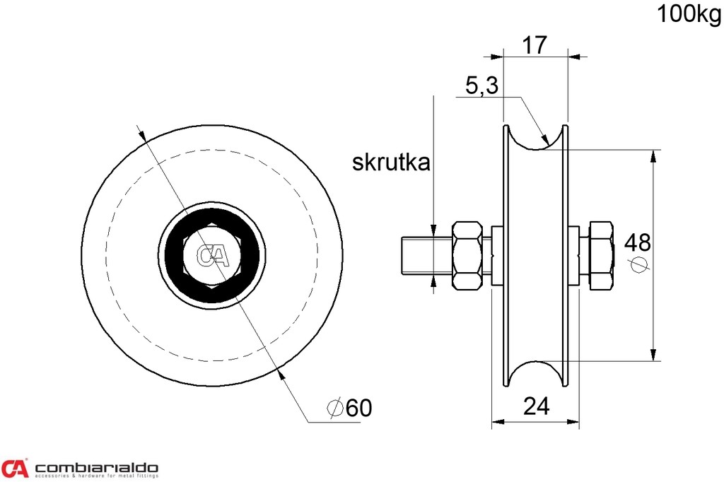 Koliesko ø 60mm jedno-ložiskové, U 16 profil, nosnosť 100kg