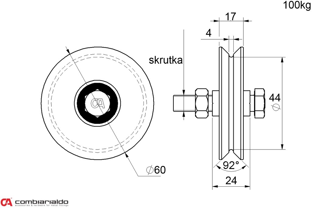 Koliesko ø 60mm jednoložiskové, V profil, nosnosť 100kg