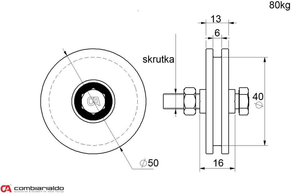 Vodiace koliesko ø 50mm jednoložiskové, H profil, nosnosť 80kg