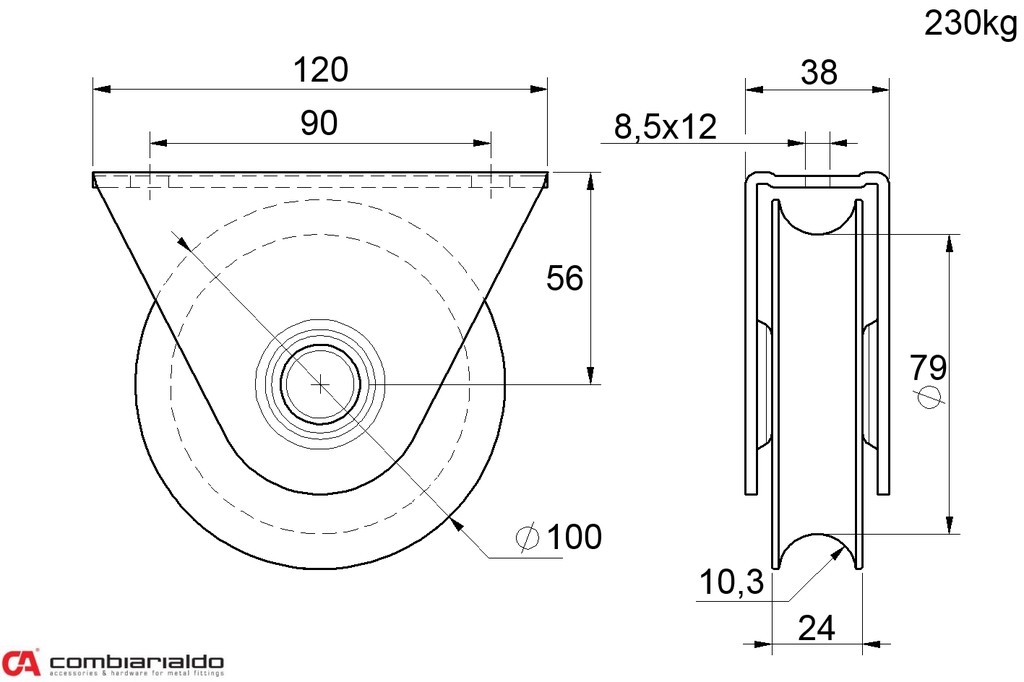Vodiaca kladka ø 100mm s oporou, U20 profil, nosnosť 230kg