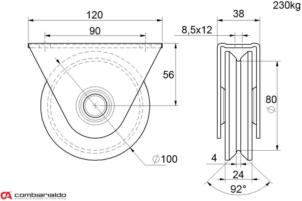 Vodiaca kladka ø 100mm s oporou, V profil, nosnosť 230kg