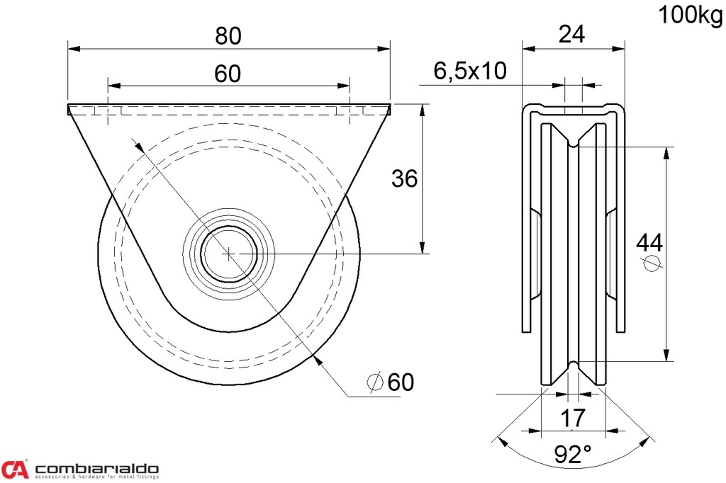 Vodiaca kladka ø 60mm s oporou, V profil, nosnosť 100kg