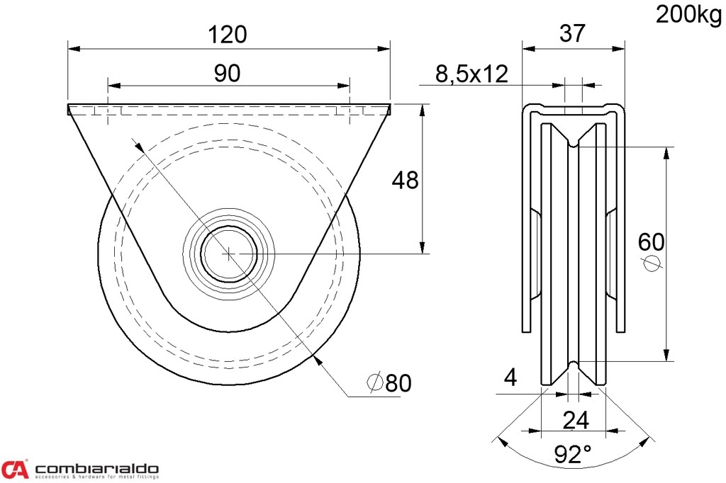 Vodiaca kladka ø 80mm s oporou, V profil, nosnosť 200kg