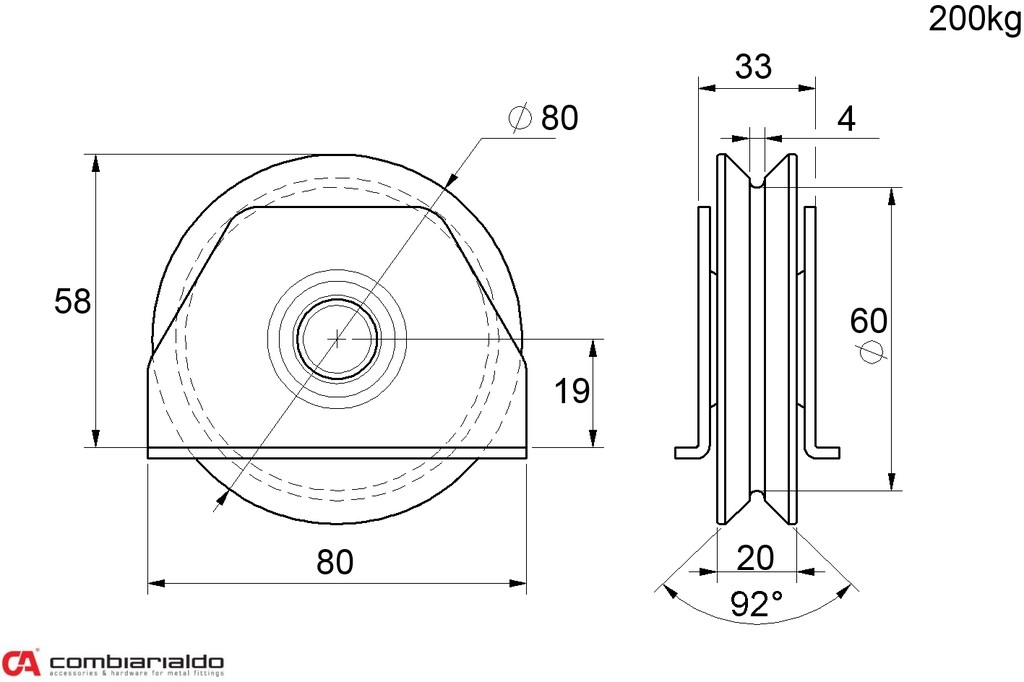 Vodiaca kladka ø 80mm na privarenie, V profil, nosnosť 200kg