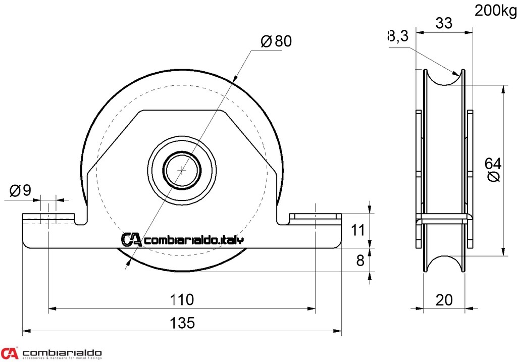 Vodiaca kladka ø 80mm pre zapustenie do jokla, U16 profil, nosnosť 200kg