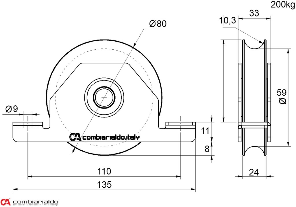 Vodiaca kladka ø 80mm pre zapustenie do jokla, U20 profil, nosnosť 200kg