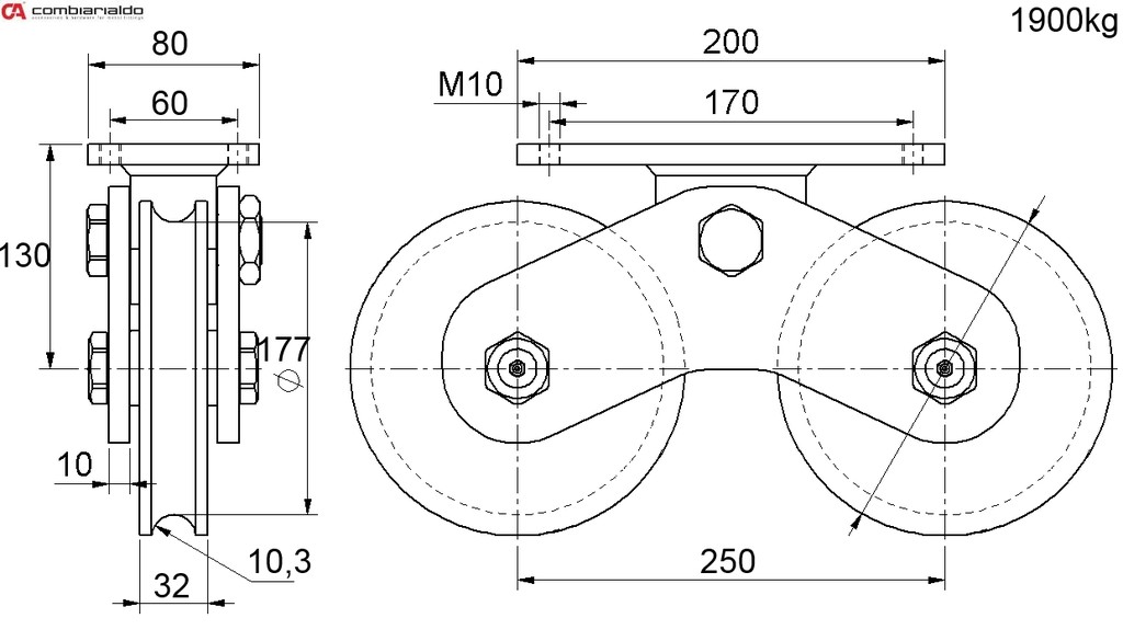 Vodiaca kladka dvojložisková ø 160mm, nosnosť 1900 kg, Zn, profil - U20