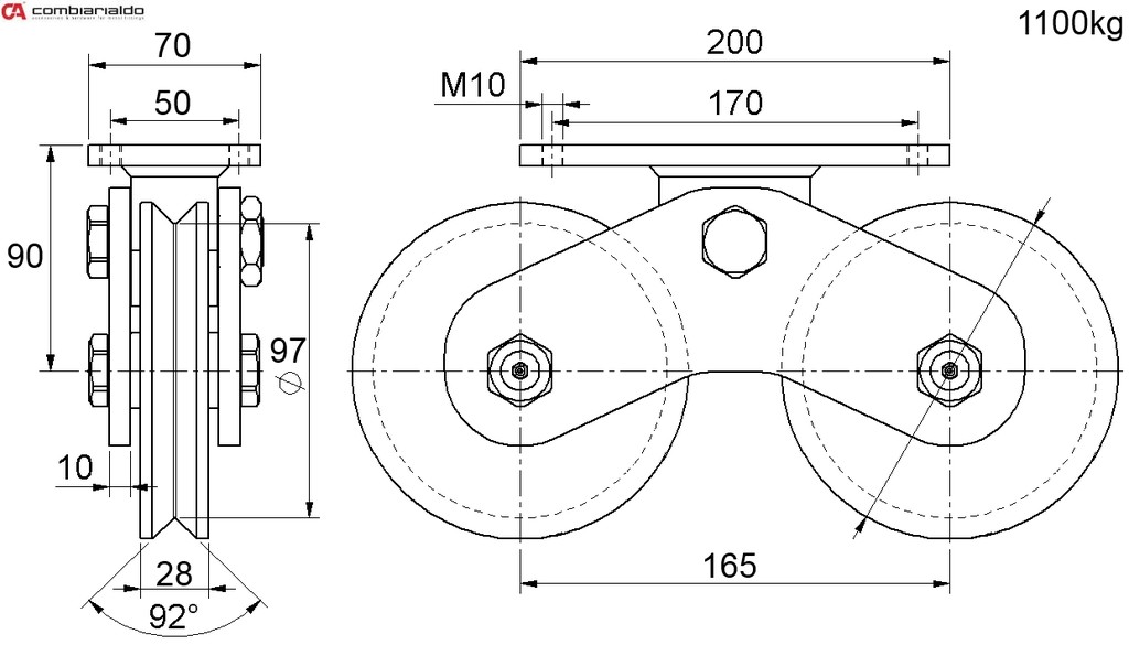 Vodiaca kladka dvojložisková ø 120mm, nosnosť 1100 kg, Zn, V-profil