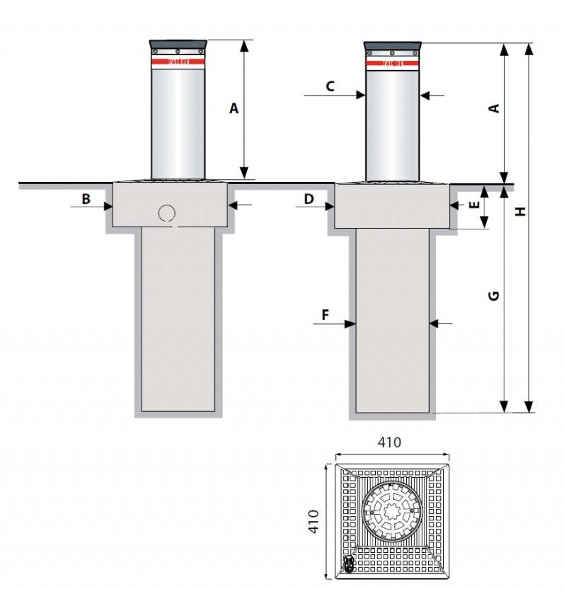 FADINI VIGILO 2250, Elektro-hydraulický výsuvný stĺp, priemer 200mm, výsuv 500mm, 8x LED